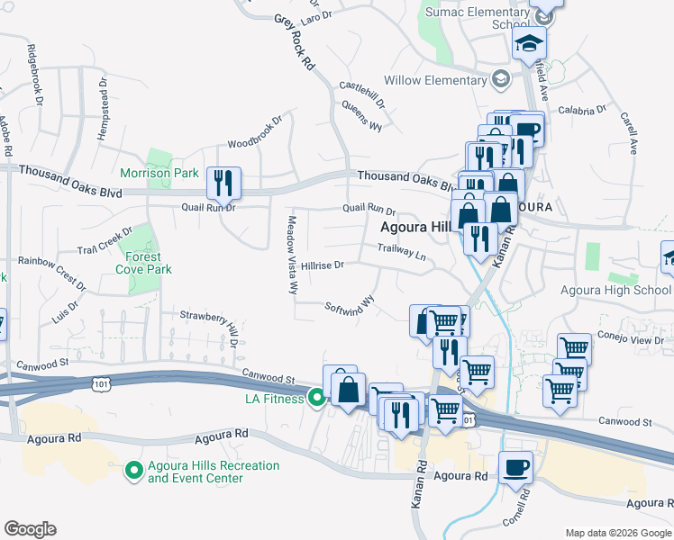 map of restaurants, bars, coffee shops, grocery stores, and more near 29392 Hillrise Drive in Agoura Hills