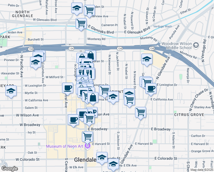 map of restaurants, bars, coffee shops, grocery stores, and more near 345 North Kenwood Street in Glendale