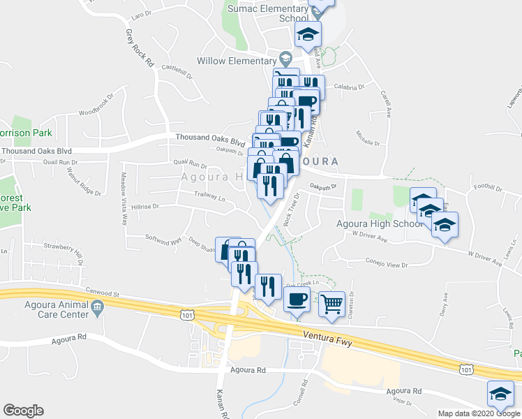 map of restaurants, bars, coffee shops, grocery stores, and more near 5530 Buffwood Place in Agoura Hills