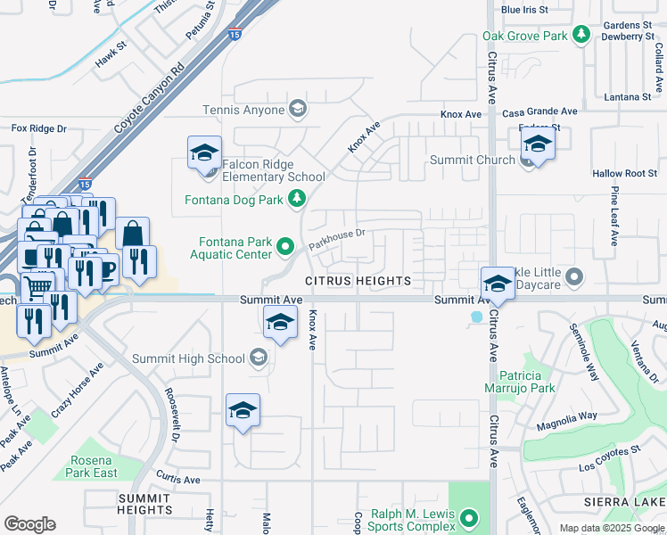 map of restaurants, bars, coffee shops, grocery stores, and more near 15723 Parkhouse Drive in Fontana