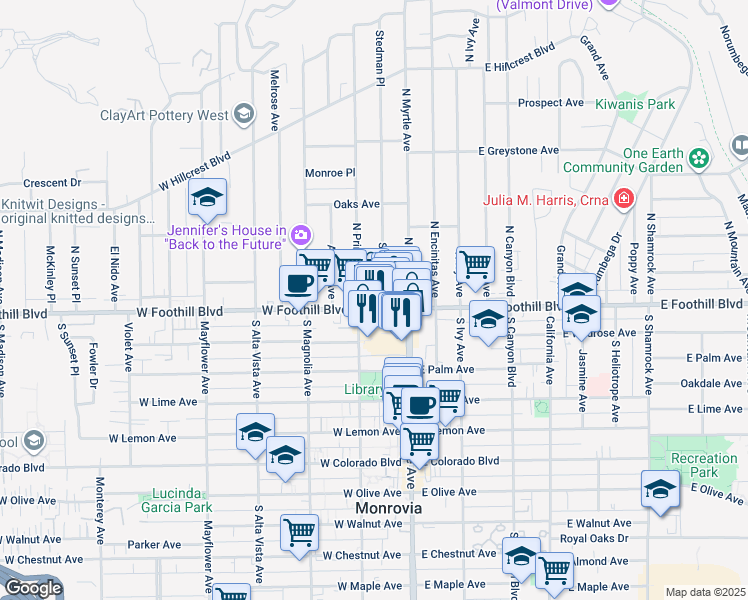 map of restaurants, bars, coffee shops, grocery stores, and more near 114 Stedman Place in Monrovia