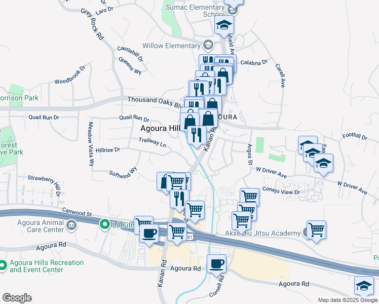 map of restaurants, bars, coffee shops, grocery stores, and more near 5530 Buffwood Place in Agoura Hills