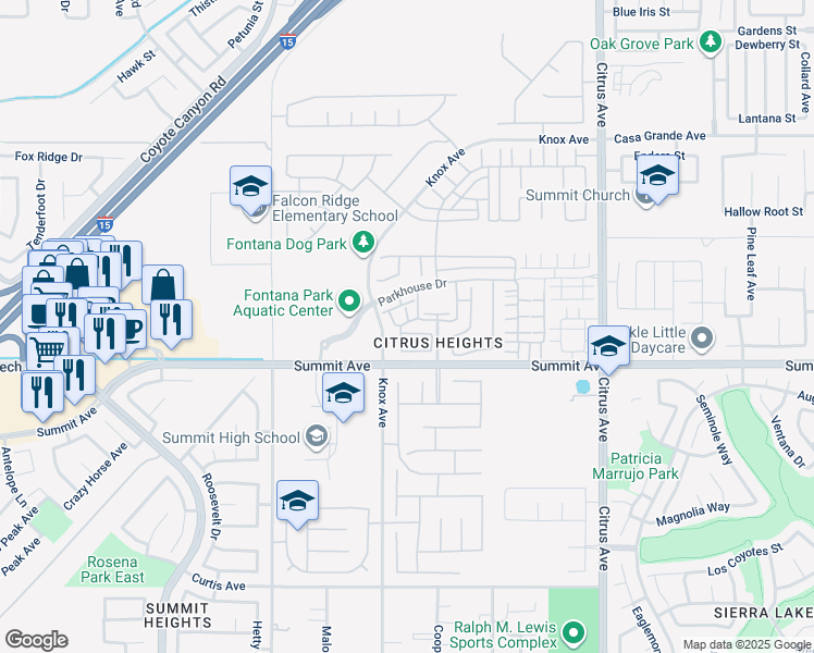 map of restaurants, bars, coffee shops, grocery stores, and more near 15723 Parkhouse Drive in Fontana