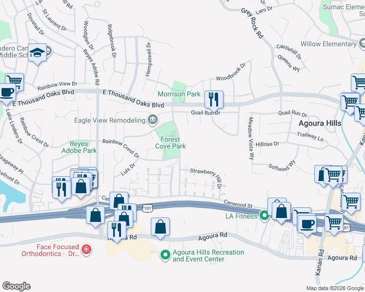 map of restaurants, bars, coffee shops, grocery stores, and more near 5454 Forest Cove Lane in Agoura Hills