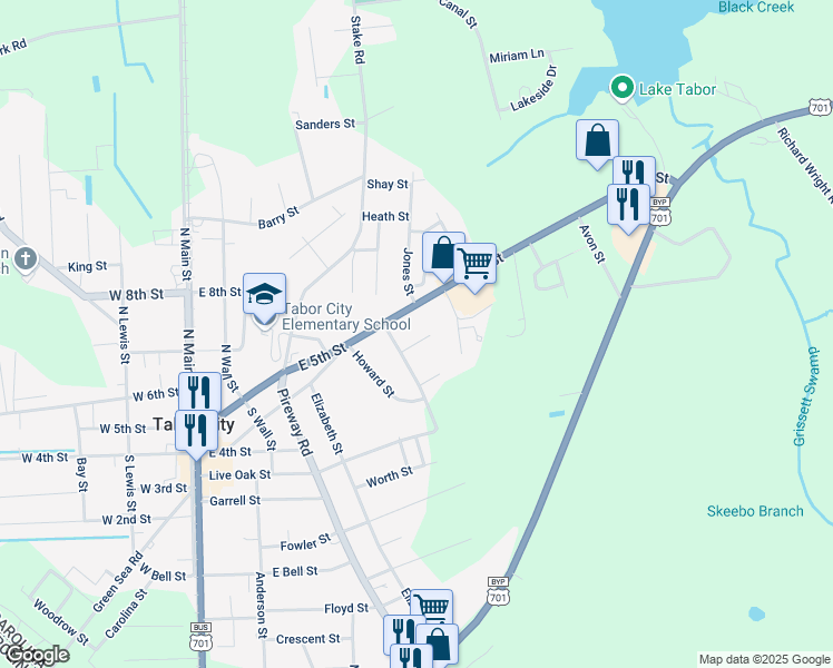 map of restaurants, bars, coffee shops, grocery stores, and more near 103 Britt Street in Tabor City