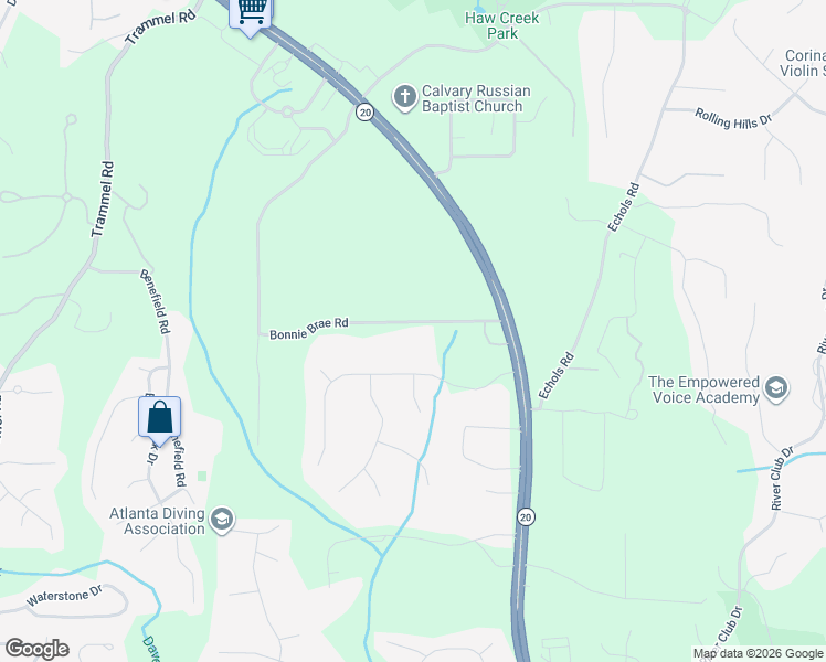 map of restaurants, bars, coffee shops, grocery stores, and more near 2405 Bonnie Brae Road in Cumming