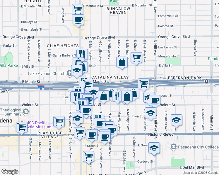 map of restaurants, bars, coffee shops, grocery stores, and more near 619 North Wilson Avenue in Pasadena