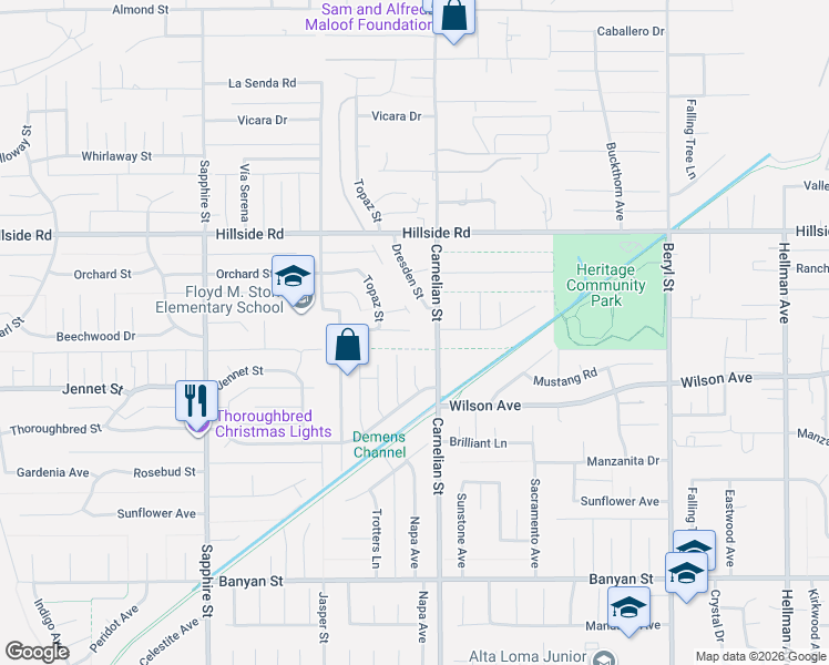 map of restaurants, bars, coffee shops, grocery stores, and more near 8661 Beechwood Drive in Rancho Cucamonga