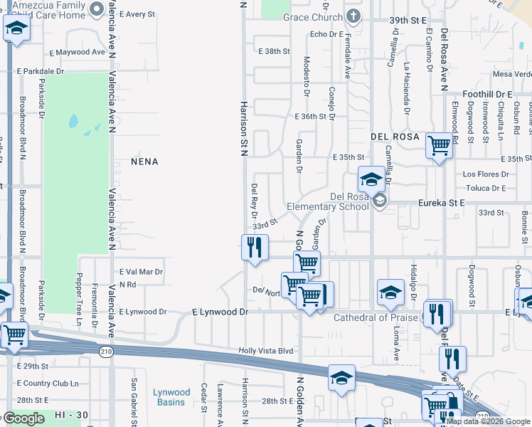 map of restaurants, bars, coffee shops, grocery stores, and more near 3308 North Alameda Avenue in San Bernardino