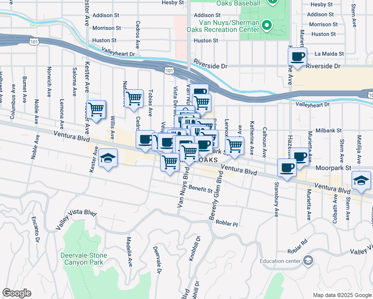 map of restaurants, bars, coffee shops, grocery stores, and more near 4419 Van Nuys Boulevard in Los Angeles