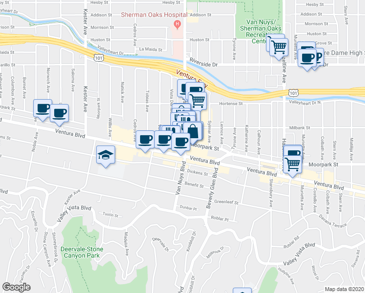 map of restaurants, bars, coffee shops, grocery stores, and more near 4419 Van Nuys Boulevard in Los Angeles
