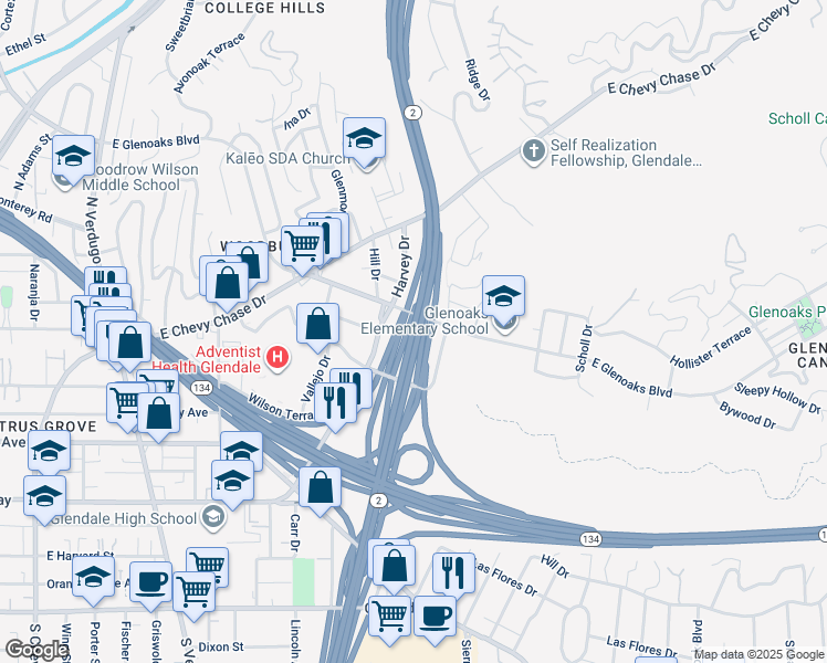 map of restaurants, bars, coffee shops, grocery stores, and more near 106 West California Avenue in Glendale