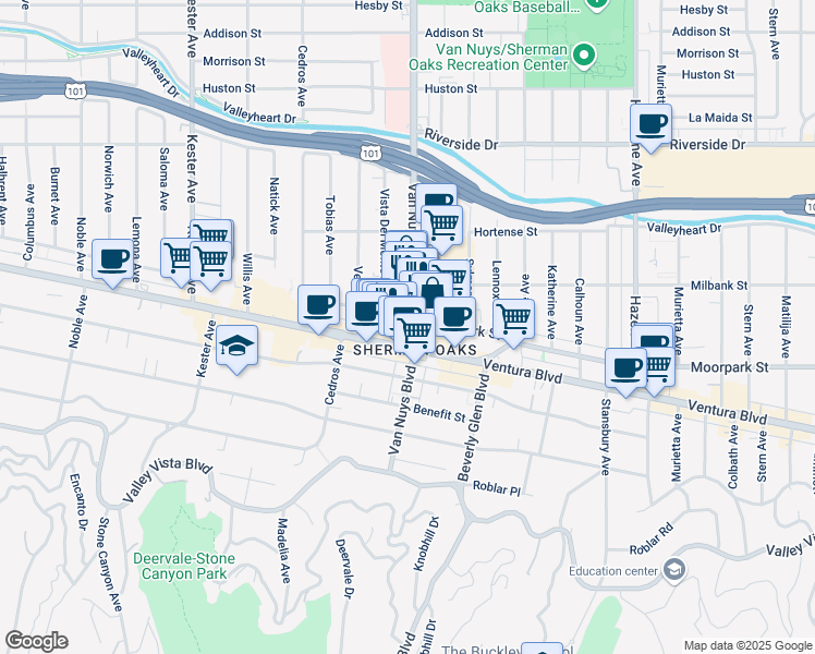 map of restaurants, bars, coffee shops, grocery stores, and more near 4437 Van Nuys Boulevard in Los Angeles