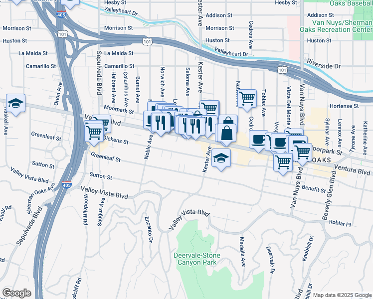 map of restaurants, bars, coffee shops, grocery stores, and more near 14910 Ventura Boulevard in Los Angeles