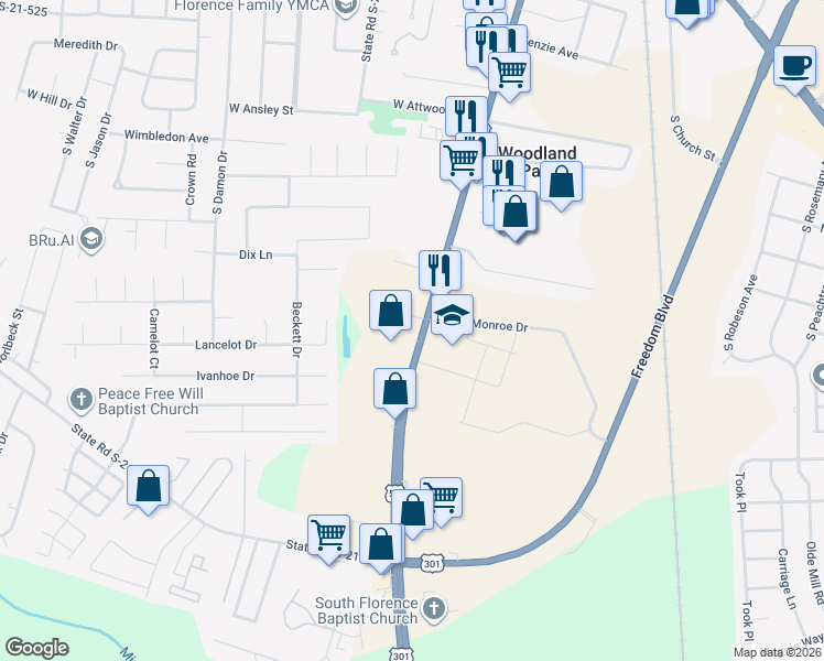 map of restaurants, bars, coffee shops, grocery stores, and more near 2299 South Irby Street in Florence