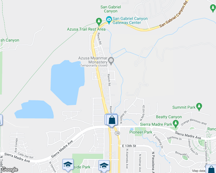 map of restaurants, bars, coffee shops, grocery stores, and more near 1676 Dimas Court in Azusa