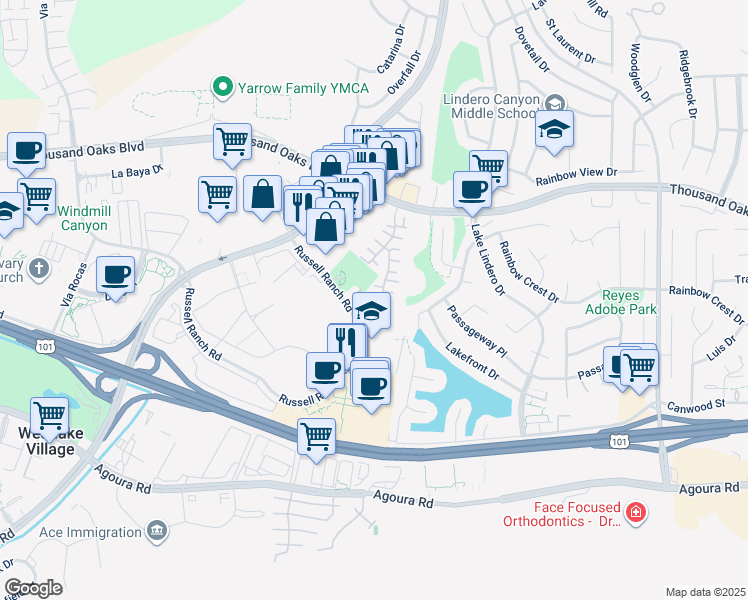 map of restaurants, bars, coffee shops, grocery stores, and more near 5517 Salerno Drive in Westlake Village