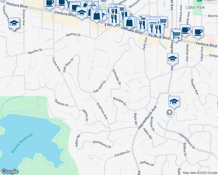 map of restaurants, bars, coffee shops, grocery stores, and more near 16944 Oak View Drive in Los Angeles