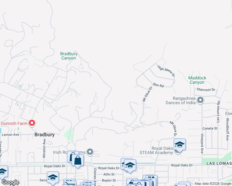 map of restaurants, bars, coffee shops, grocery stores, and more near 25 Woodlyn Lane in Bradbury