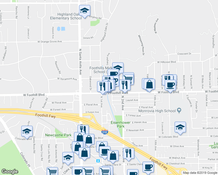 map of restaurants, bars, coffee shops, grocery stores, and more near 133 East Foothill Boulevard in Arcadia