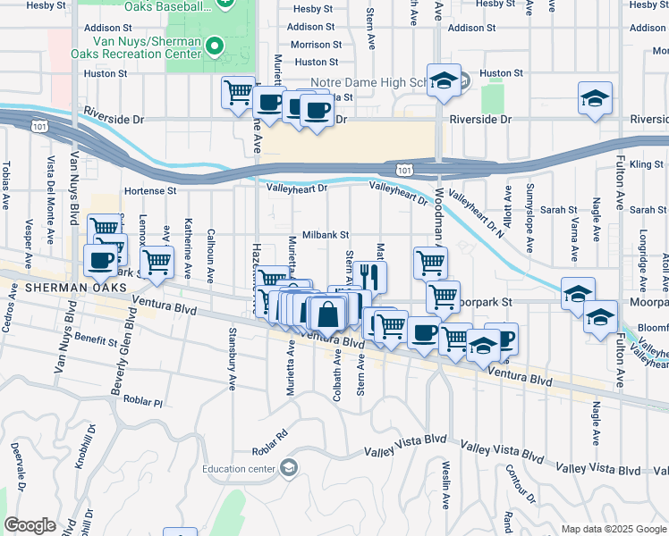 map of restaurants, bars, coffee shops, grocery stores, and more near 4450 Colbath Avenue in Los Angeles
