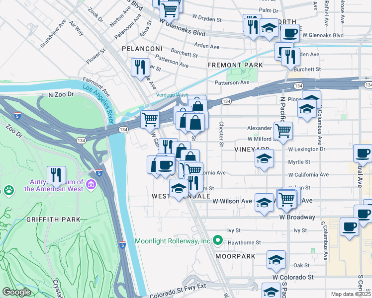 map of restaurants, bars, coffee shops, grocery stores, and more near 824 W Milford St in Glendale