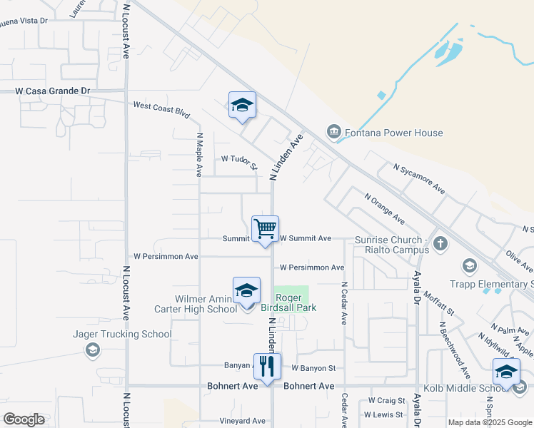 map of restaurants, bars, coffee shops, grocery stores, and more near 2841 North Ironwood Avenue in Rialto