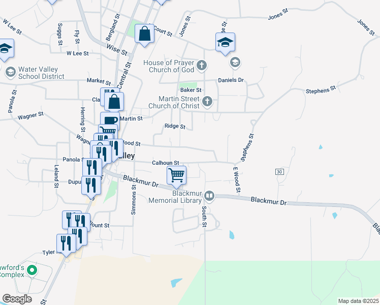 map of restaurants, bars, coffee shops, grocery stores, and more near 412-458 Wood Street in Water Valley