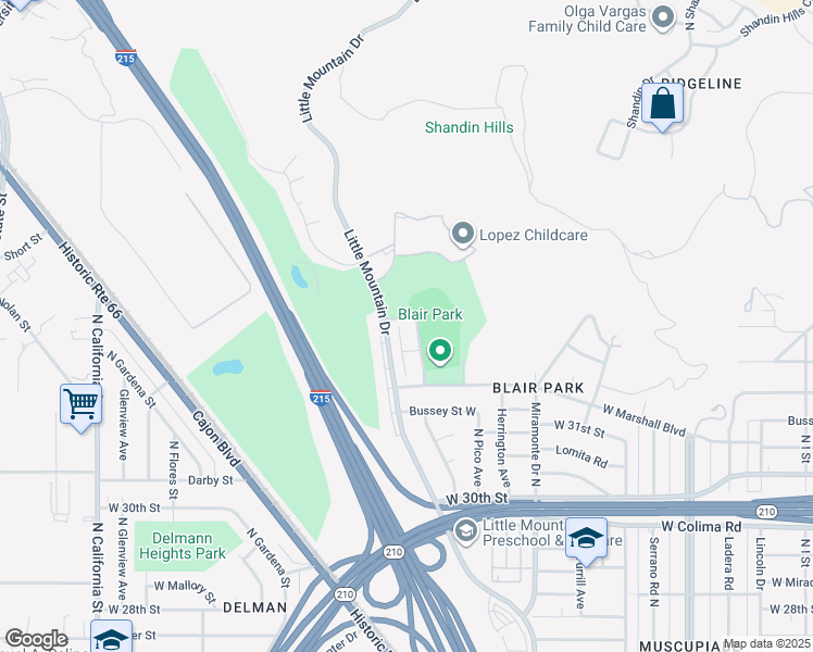 map of restaurants, bars, coffee shops, grocery stores, and more near 3287 Edgemont Court in San Bernardino