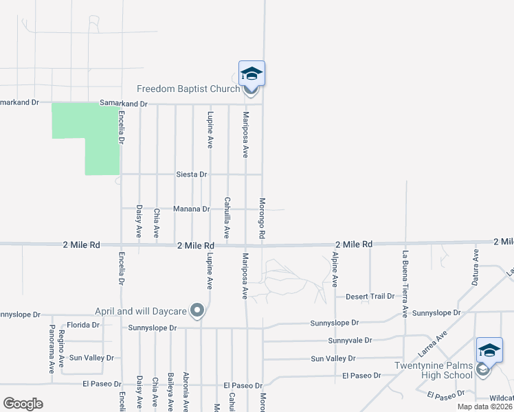 map of restaurants, bars, coffee shops, grocery stores, and more near 72080 Manana Drive in Twentynine Palms