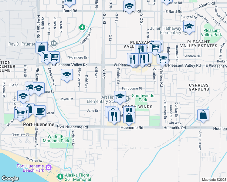 map of restaurants, bars, coffee shops, grocery stores, and more near 5313 Perkins Road in Oxnard