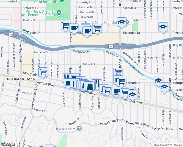 map of restaurants, bars, coffee shops, grocery stores, and more near 4450 Colbath Avenue in Los Angeles