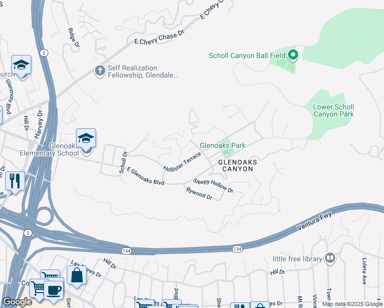 map of restaurants, bars, coffee shops, grocery stores, and more near 2419 Hollister Terrace in Glendale