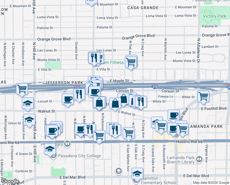 map of restaurants, bars, coffee shops, grocery stores, and more near 1960 Corson Street in Pasadena