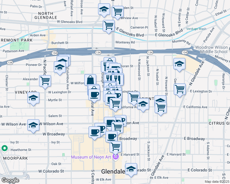 map of restaurants, bars, coffee shops, grocery stores, and more near 400 North Brand Boulevard in Glendale