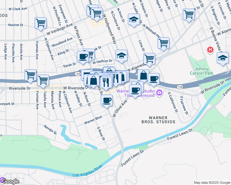 map of restaurants, bars, coffee shops, grocery stores, and more near 3915 Riverside Drive in Burbank