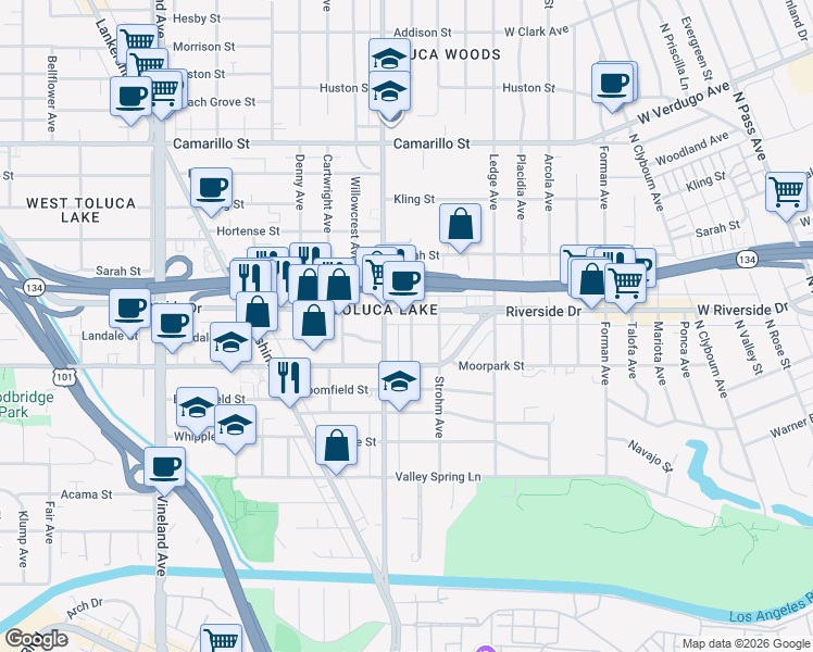 map of restaurants, bars, coffee shops, grocery stores, and more near 10550 Riverside Drive in Los Angeles