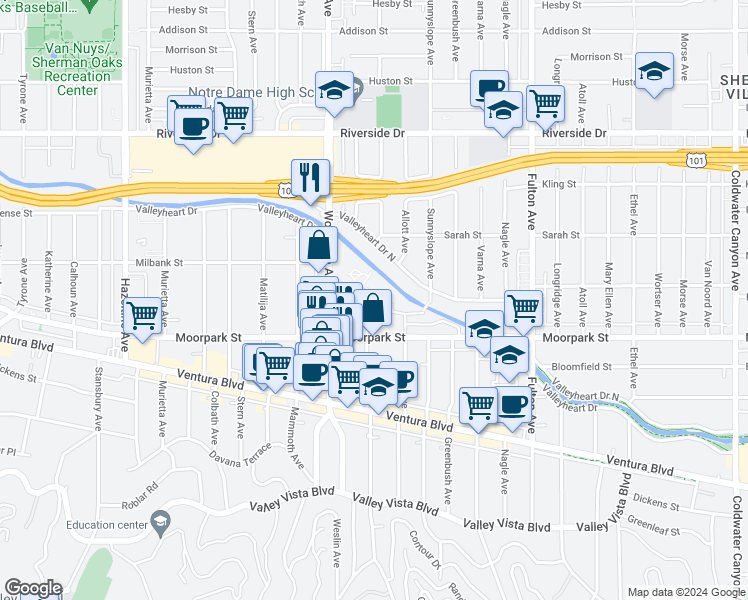 map of restaurants, bars, coffee shops, grocery stores, and more near 4469 Ventura Canyon Avenue in Los Angeles