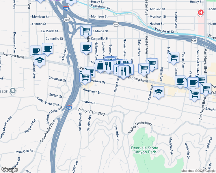 map of restaurants, bars, coffee shops, grocery stores, and more near 15112 Dickens Street in Los Angeles