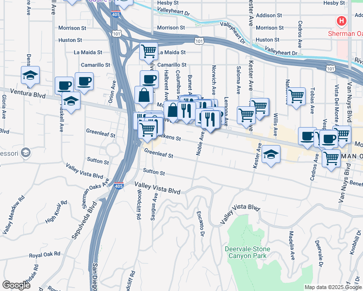 map of restaurants, bars, coffee shops, grocery stores, and more near 15204 Dickens Street in Los Angeles