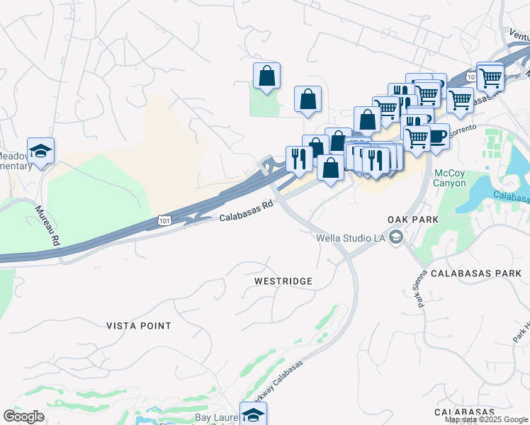 map of restaurants, bars, coffee shops, grocery stores, and more near 24130 Calabasas Road in Calabasas