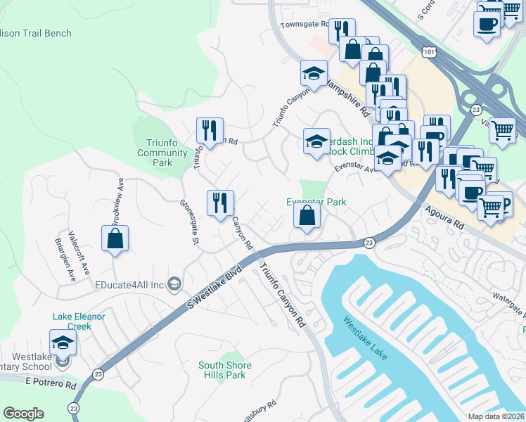 map of restaurants, bars, coffee shops, grocery stores, and more near 1045 Barrow Court in Westlake Village