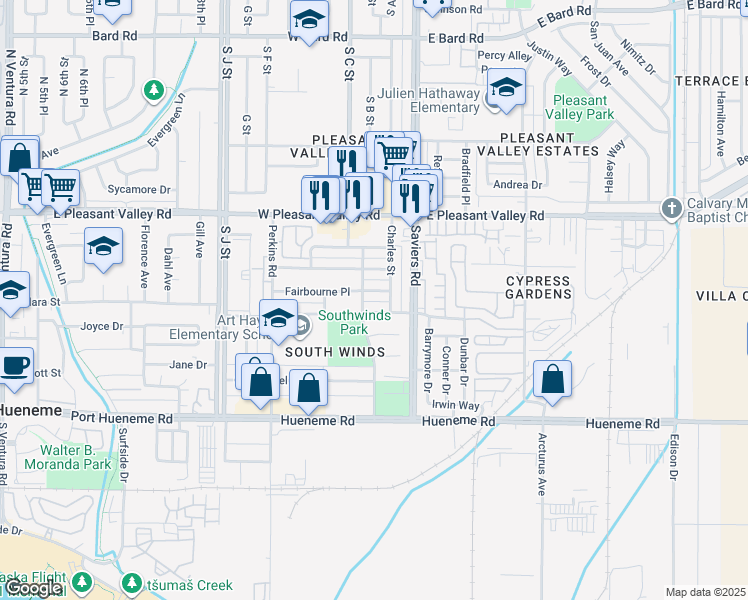map of restaurants, bars, coffee shops, grocery stores, and more near 230 Chester Way in Oxnard