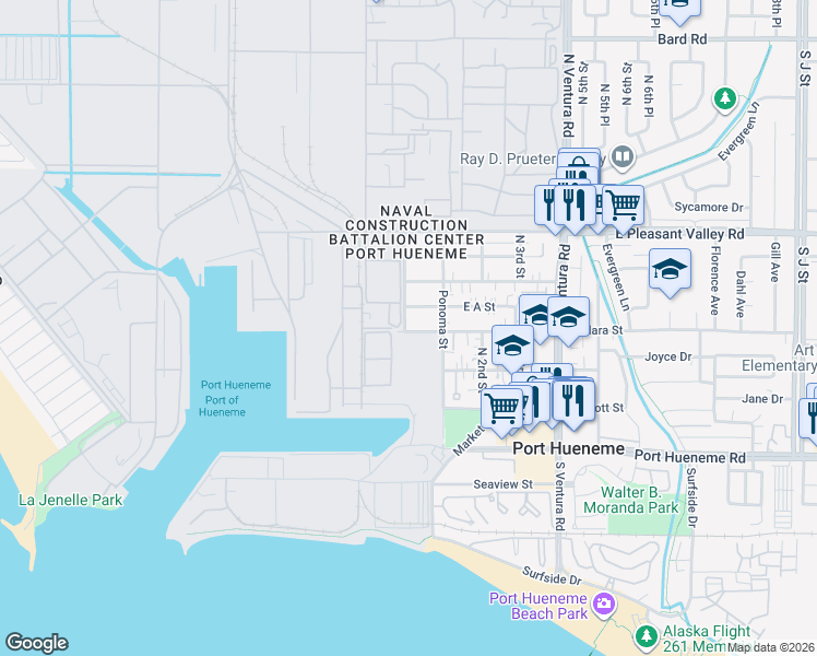 map of restaurants, bars, coffee shops, grocery stores, and more near 5 San Pedro Street in Port Hueneme