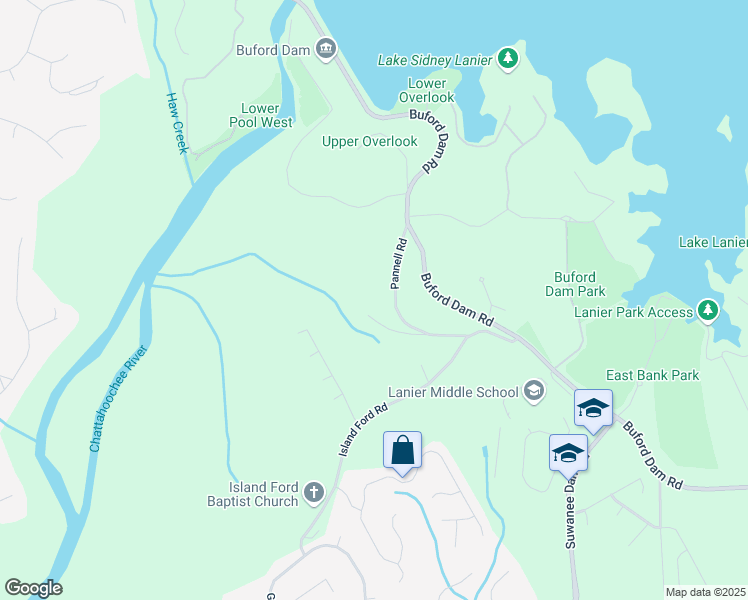 map of restaurants, bars, coffee shops, grocery stores, and more near 6740 Pannell Road in Buford