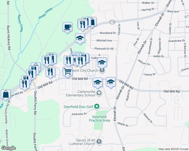 map of restaurants, bars, coffee shops, grocery stores, and more near 11 Greenway Lane in Cartersville