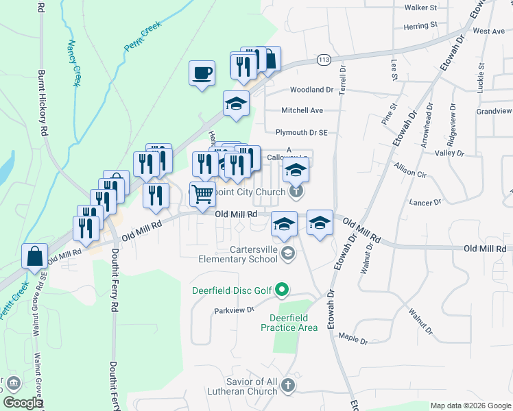 map of restaurants, bars, coffee shops, grocery stores, and more near 4 Courtyard Lane in Cartersville