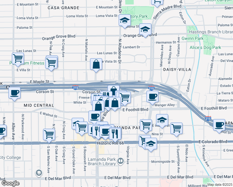 map of restaurants, bars, coffee shops, grocery stores, and more near 325 North Altadena Drive in Pasadena