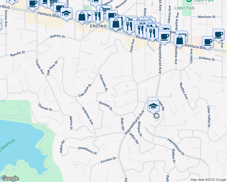 map of restaurants, bars, coffee shops, grocery stores, and more near 16720 Chaplin Avenue in Los Angeles