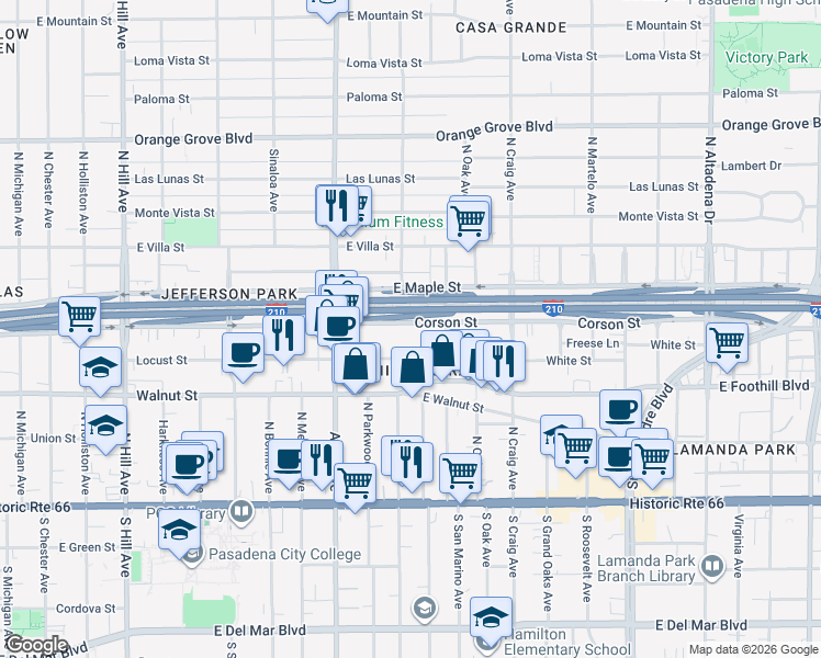map of restaurants, bars, coffee shops, grocery stores, and more near 1960 Corson Street in Pasadena
